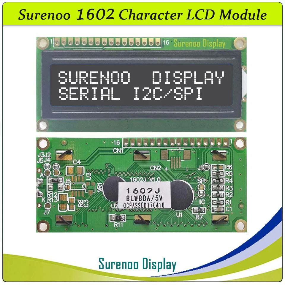 SLC1602J PCB=80.00X36.00MM 1602 16*2 Surenoo Character LCD Module Display Screen Panel Integrated Serial 3-Wire SPI IIC I2C AIP31068 Controller STN Yellow Green STN Blue FSTN Positive LED Backlight for Arduino UNO Nano Mega2560