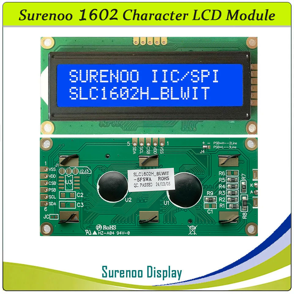 SLC1602H PCB=80.00X36.00MM 1602 16*2 Surenoo Character LCD Module Display Screen Panel Integrated Serial 3-Wire SPI IIC I2C AIP31068 Controller STN Yellow Green STN Blue FSTN Positive LED Backlight for Arduino UNO Nano Mega2560