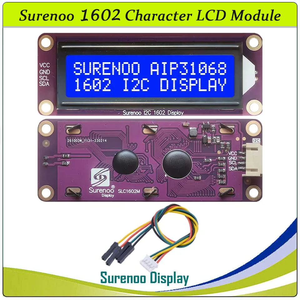 SLC1602M PCB=87.00X32.00 1602 16*2 Surenoo Character LCD Module Display Screen Panel Serial IIC I2C AIP31068 Controller STN Yellow Green Blue Negative FSTN Positive with White Sky Blue Orange LED Backlight for Arduino UNO Mega2560 Nano RaspBerry Pi
