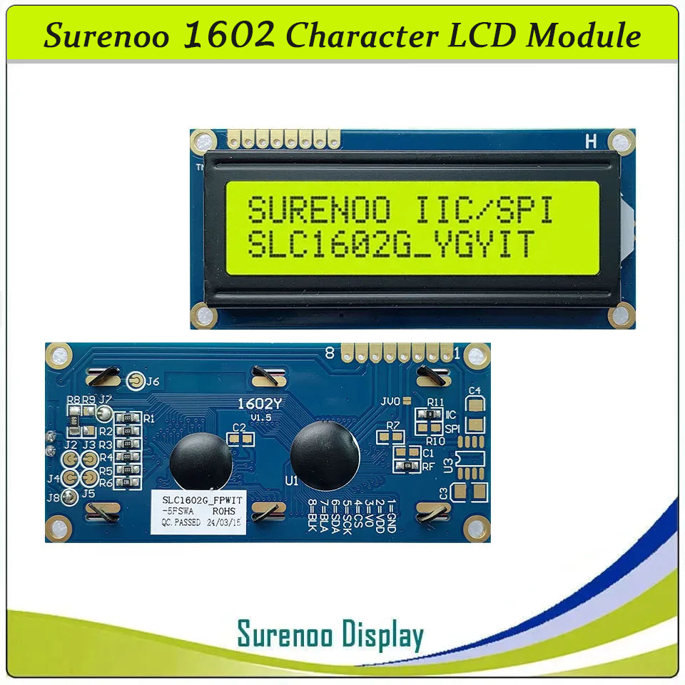 SLC1602G PCB=80.00X36.00MM 1602 16*2 Surenoo Character LCD Module Display Screen Panel Integrated Serial 3-Wire SPI IIC I2C AIP31068 Controller STN Yellow Green STN Blue FSTN Positive LED Backlight for Arduino UNO Nano Mega2560