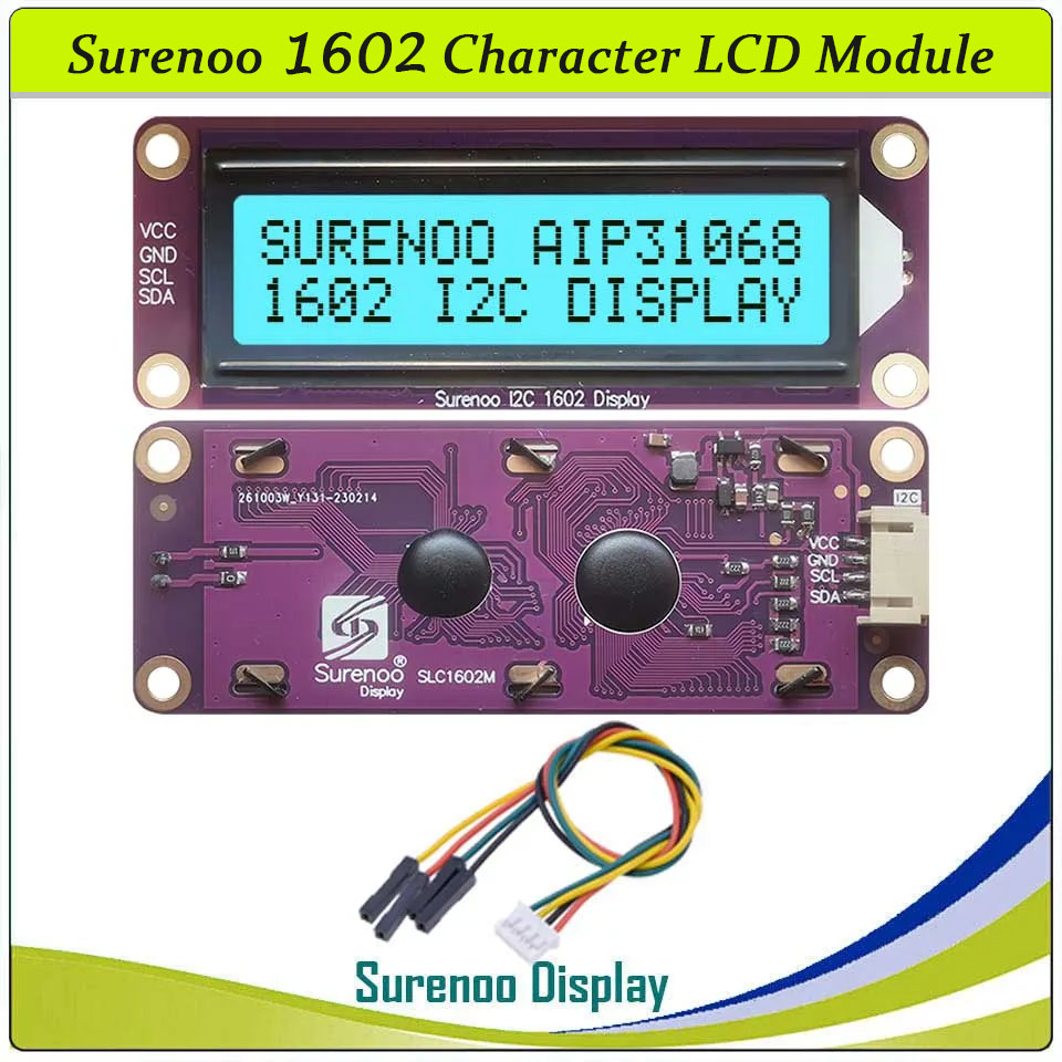 SLC1602M PCB=87.00X32.00 1602 16*2 Surenoo Character LCD Module Display Screen Panel Serial IIC I2C AIP31068 Controller STN Yellow Green Blue Negative FSTN Positive with White Sky Blue Orange LED Backlight for Arduino UNO Mega2560 Nano RaspBerry Pi