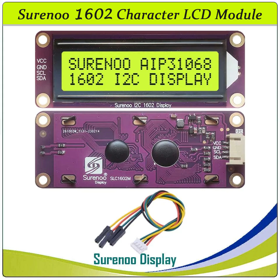 SLC1602M PCB=87.00X32.00 1602 16*2 Surenoo Character LCD Module Display Screen Panel Serial IIC I2C AIP31068 Controller STN Yellow Green Blue Negative FSTN Positive with White Sky Blue Orange LED Backlight for Arduino UNO Mega2560 Nano RaspBerry Pi