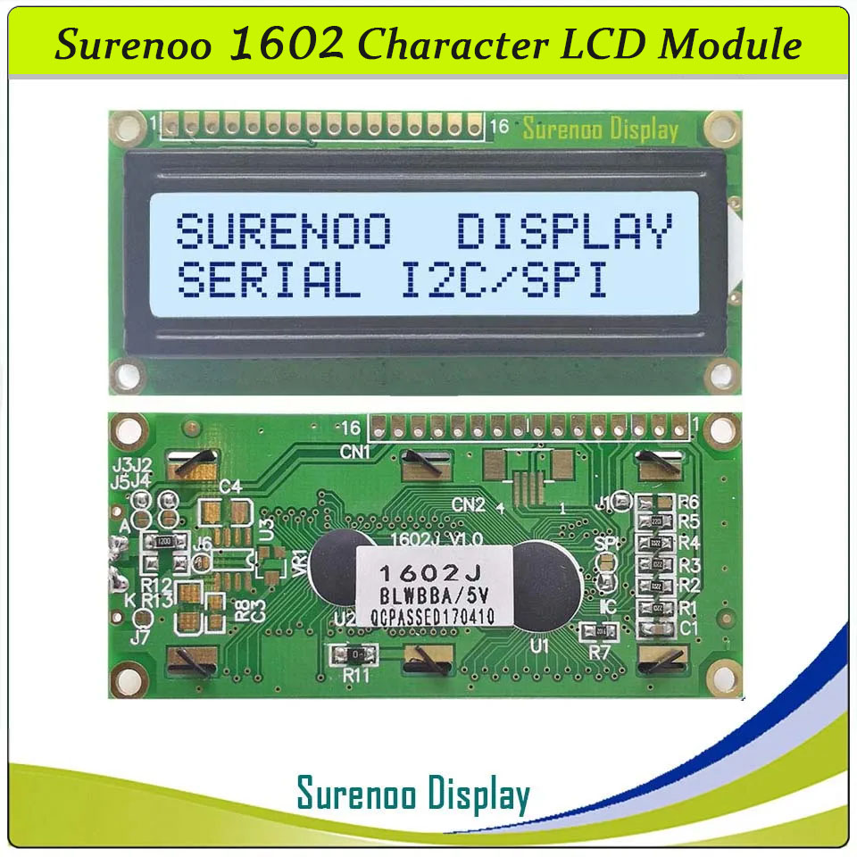 SLC1602J PCB=80.00X36.00MM 1602 16*2 Surenoo Character LCD Module Display Screen Panel Integrated Serial 3-Wire SPI IIC I2C AIP31068 Controller STN Yellow Green STN Blue FSTN Positive LED Backlight for Arduino UNO Nano Mega2560