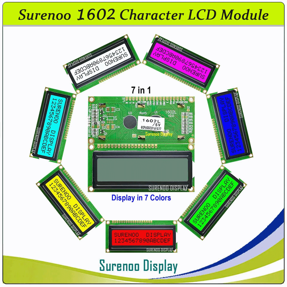 SLC1602L PCB=80.00X36.00 1602 16*2 Surenoo Character LCD Module Display Screen Panel 6800 4-bit 8-bit Parallel AIP31066 SPLC780D ST7066 Controller FSTN Positive Double D-FSTN Negative with RGB LED Backlight