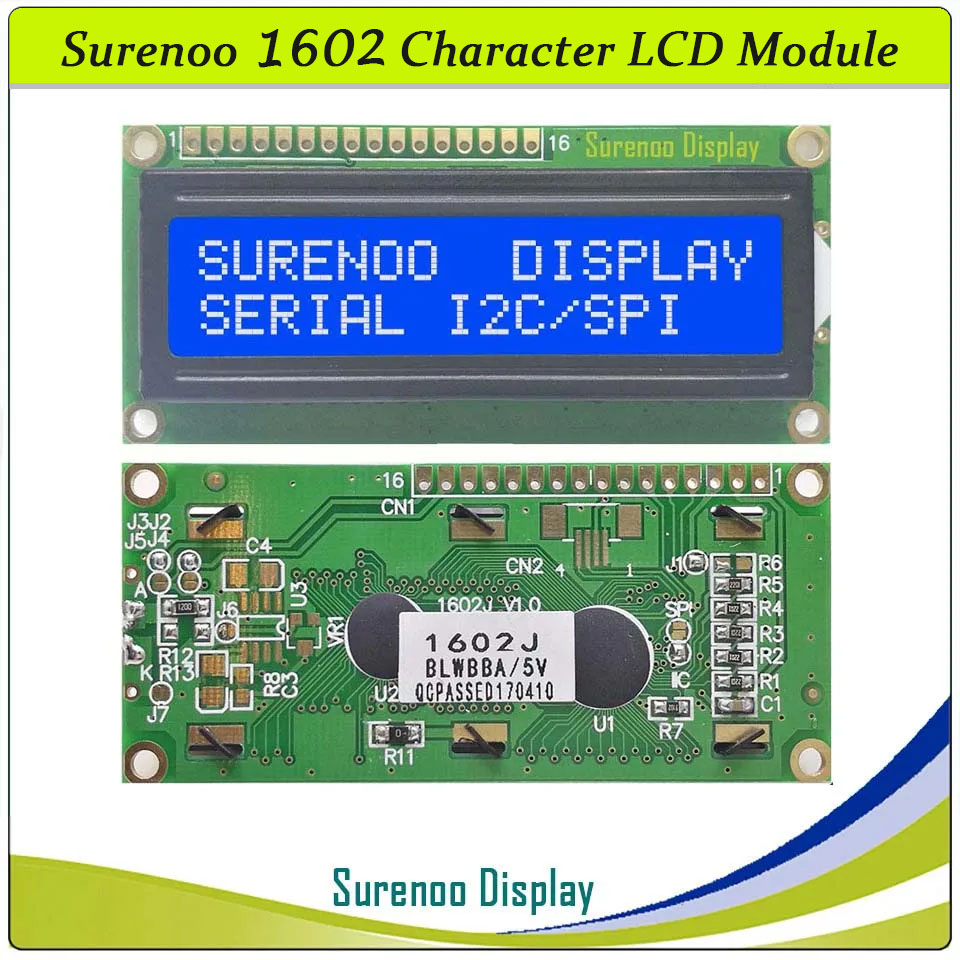 SLC1602J PCB=80.00X36.00MM 1602 16*2 Surenoo Character LCD Module Display Screen Panel Integrated Serial 3-Wire SPI IIC I2C AIP31068 Controller STN Yellow Green STN Blue FSTN Positive LED Backlight for Arduino UNO Nano Mega2560