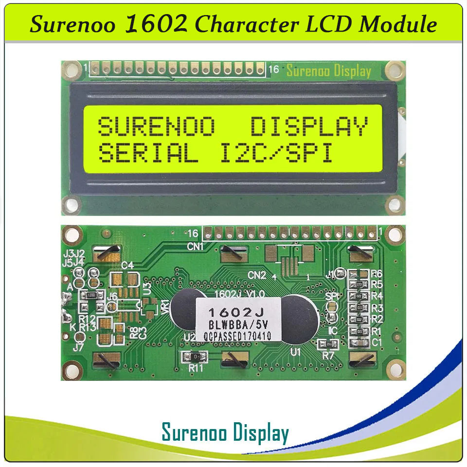SLC1602J PCB=80.00X36.00MM 1602 16*2 Surenoo Character LCD Module Display Screen Panel Integrated Serial 3-Wire SPI IIC I2C AIP31068 Controller STN Yellow Green STN Blue FSTN Positive LED Backlight for Arduino UNO Nano Mega2560