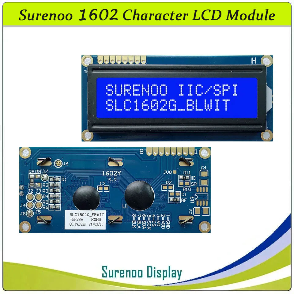 SLC1602G PCB=80.00X36.00MM 1602 16*2 Surenoo Character LCD Module Display Screen Panel Integrated Serial 3-Wire SPI IIC I2C AIP31068 Controller STN Yellow Green STN Blue FSTN Positive LED Backlight for Arduino UNO Nano Mega2560