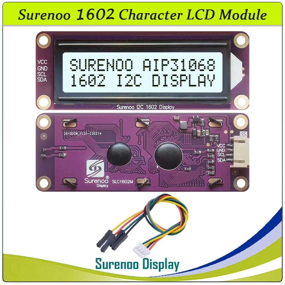 SLC1602M PCB=87.00X32.00 1602 16*2 Surenoo Character LCD Module Display Screen Panel Serial IIC I2C AIP31068 Controller STN Yellow Green Blue Negative FSTN Positive with White Sky Blue Orange LED Backlight for Arduino UNO Mega2560 Nano RaspBerry Pi