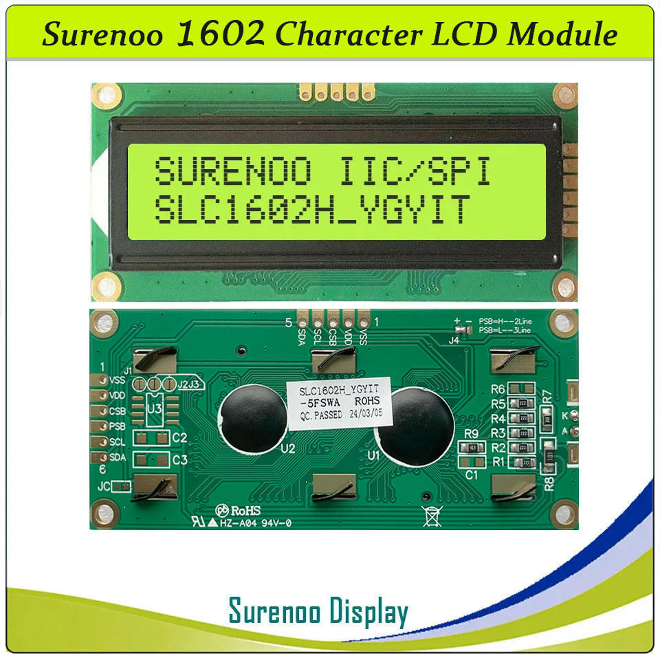 SLC1602H PCB=80.00X36.00MM 1602 16*2 Surenoo Character LCD Module Display Screen Panel Integrated Serial 3-Wire SPI IIC I2C AIP31068 Controller STN Yellow Green STN Blue FSTN Positive LED Backlight for Arduino UNO Nano Mega2560