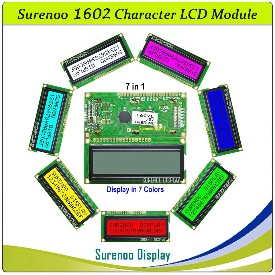 SLC1602L PCB=80.00X36.00 1602 16*2 Surenoo Character LCD Module Display Screen Panel 6800 4-bit 8-bit Parallel AIP31066 SPLC780D ST7066 Controller FSTN Positive Double D-FSTN Negative with RGB LED Backlight