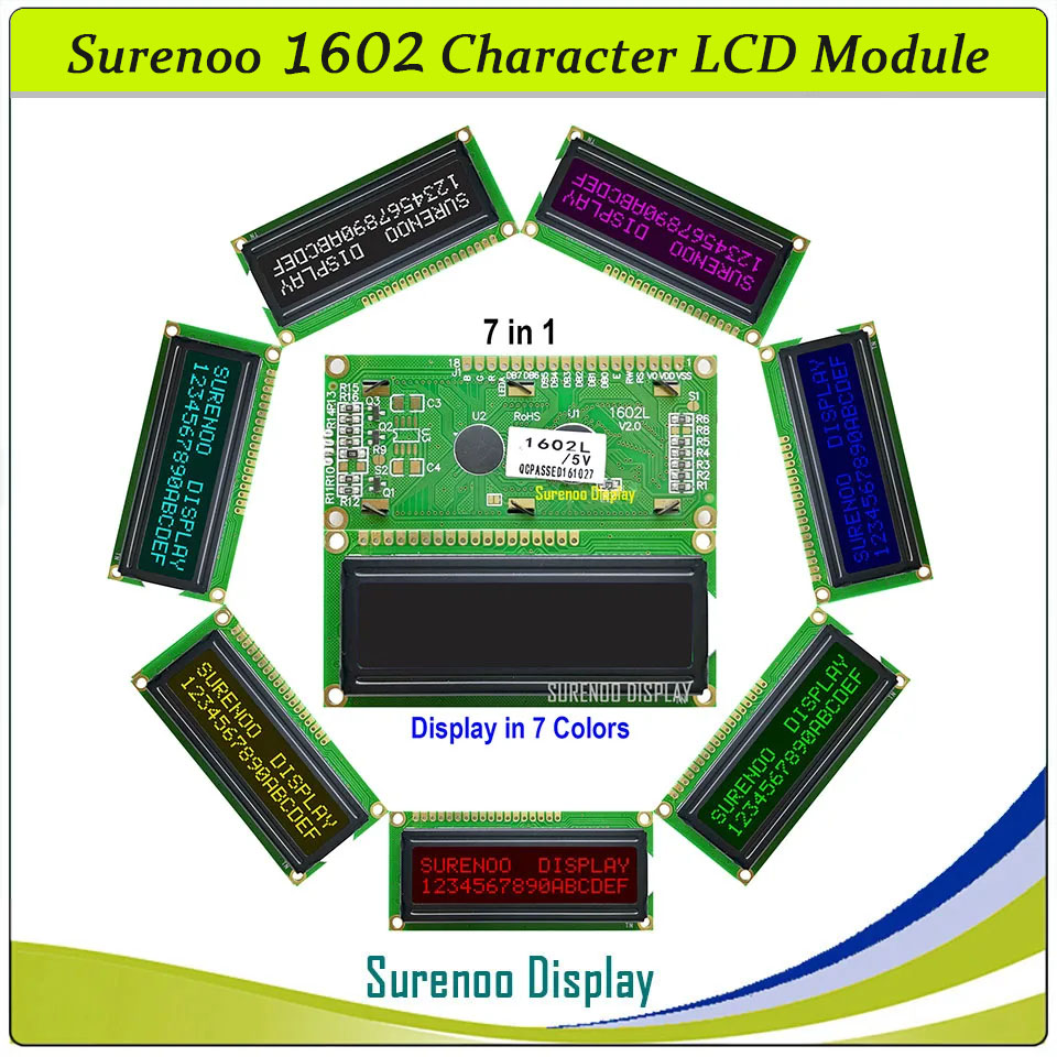 SLC1602L PCB=80.00X36.00 1602 16*2 Surenoo Character LCD Module Display Screen Panel 6800 4-bit 8-bit Parallel AIP31066 SPLC780D ST7066 Controller FSTN Positive Double D-FSTN Negative with RGB LED Backlight