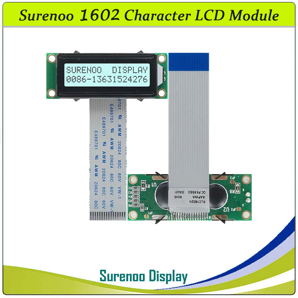 SLC1602N PCB=53.00X20.00MM 1602 16*2 Surenoo Character LCD Module Display Screen Panel 6800 4-bit 8-bit Parallel AIP31066 SPLC780D ST7066 Controller STN Yellow Green STN Blue Negative FSTN Positive LED Backlight
