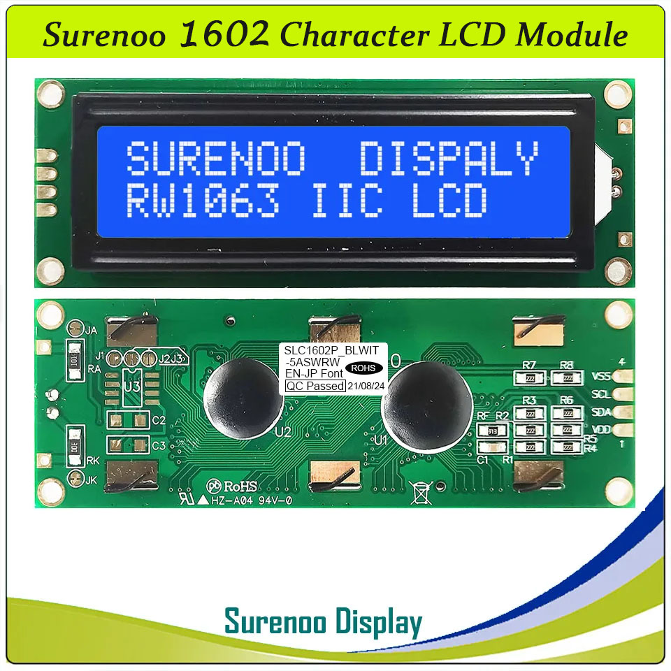 SLC1602P PCB=86.00X30.00MM 1602 16*2 Surenoo Character LCD Module Display Screen Panel Integrated Parallel Serial 3-Wire SPI IIC I2C RW1063 Controller STN Yellow Green STN Blue FSTN Positive LED Backlight for Arduino UNO Nano Mega2560