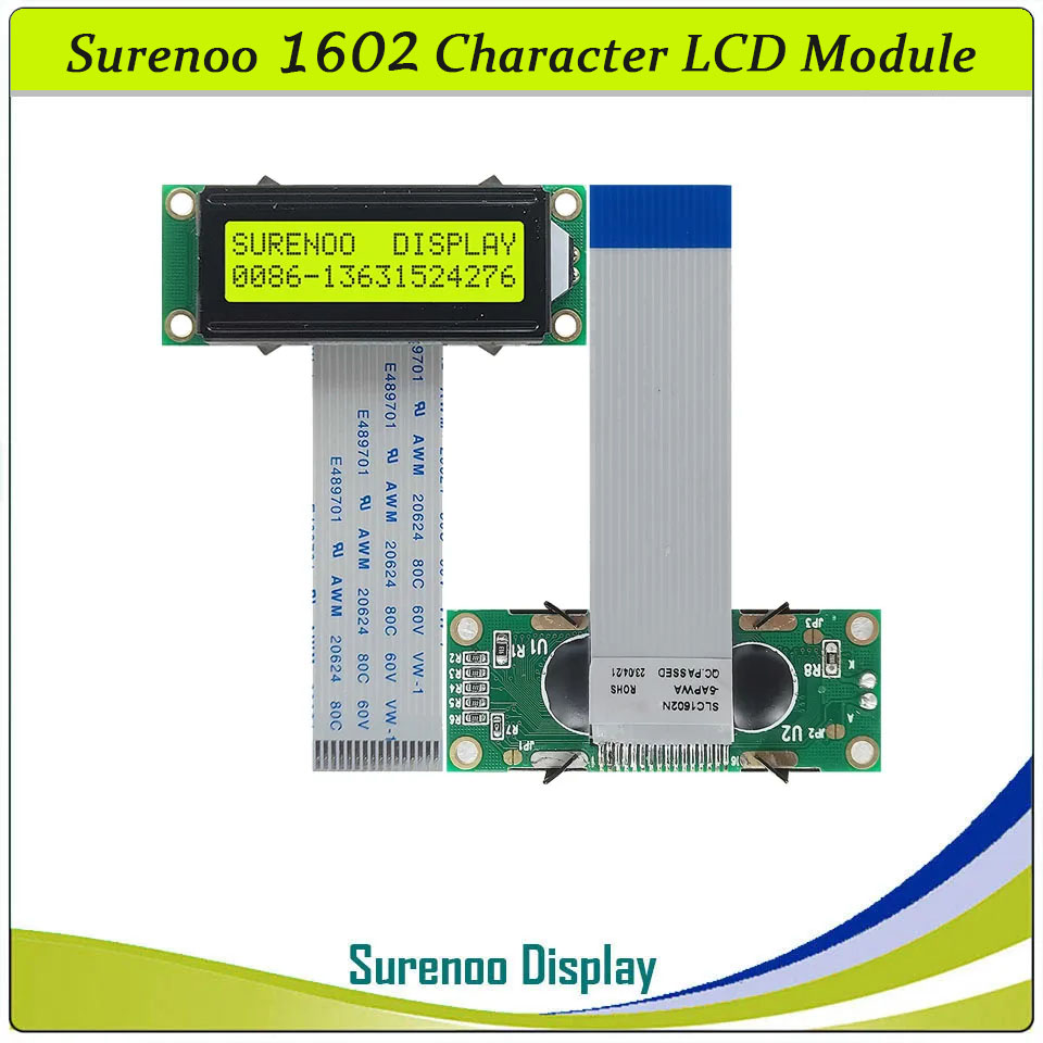 SLC1602N PCB=53.00X20.00MM 1602 16*2 Surenoo Character LCD Module Display Screen Panel 6800 4-bit 8-bit Parallel AIP31066 SPLC780D ST7066 Controller STN Yellow Green STN Blue Negative FSTN Positive LED Backlight