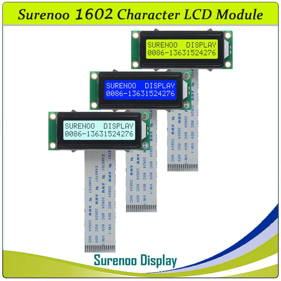 SLC1602N PCB=53.00X20.00MM 1602 16*2 Surenoo Character LCD Module Display Screen Panel 6800 4-bit 8-bit Parallel AIP31066 SPLC780D ST7066 Controller STN Yellow Green STN Blue Negative FSTN Positive LED Backlight