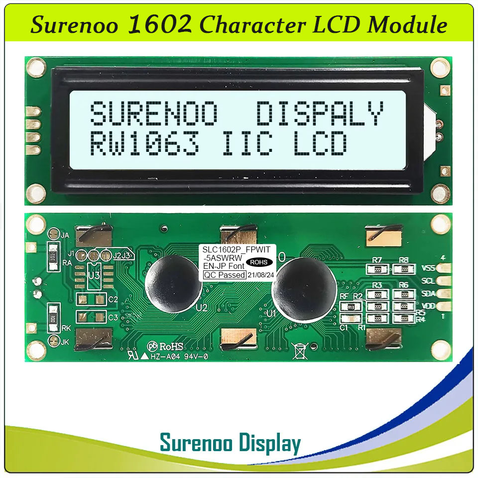 SLC1602P PCB=86.00X30.00MM 1602 16*2 Surenoo Character LCD Module Display Screen Panel Integrated Parallel Serial 3-Wire SPI IIC I2C RW1063 Controller STN Yellow Green STN Blue FSTN Positive LED Backlight for Arduino UNO Nano Mega2560