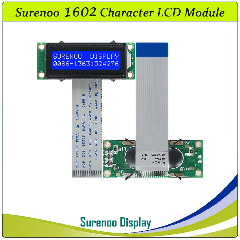 SLC1602N PCB=53.00X20.00MM 1602 16*2 Surenoo Character LCD Module Display Screen Panel 6800 4-bit 8-bit Parallel AIP31066 SPLC780D ST7066 Controller STN Yellow Green STN Blue Negative FSTN Positive LED Backlight