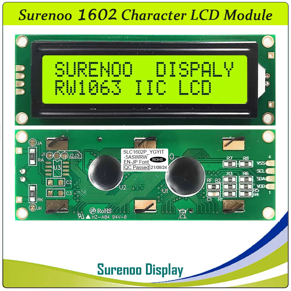 SLC1602P PCB=86.00X30.00MM 1602 16*2 Surenoo Character LCD Module Display Screen Panel Integrated Parallel Serial 3-Wire SPI IIC I2C RW1063 Controller STN Yellow Green STN Blue FSTN Positive LED Backlight for Arduino UNO Nano Mega2560