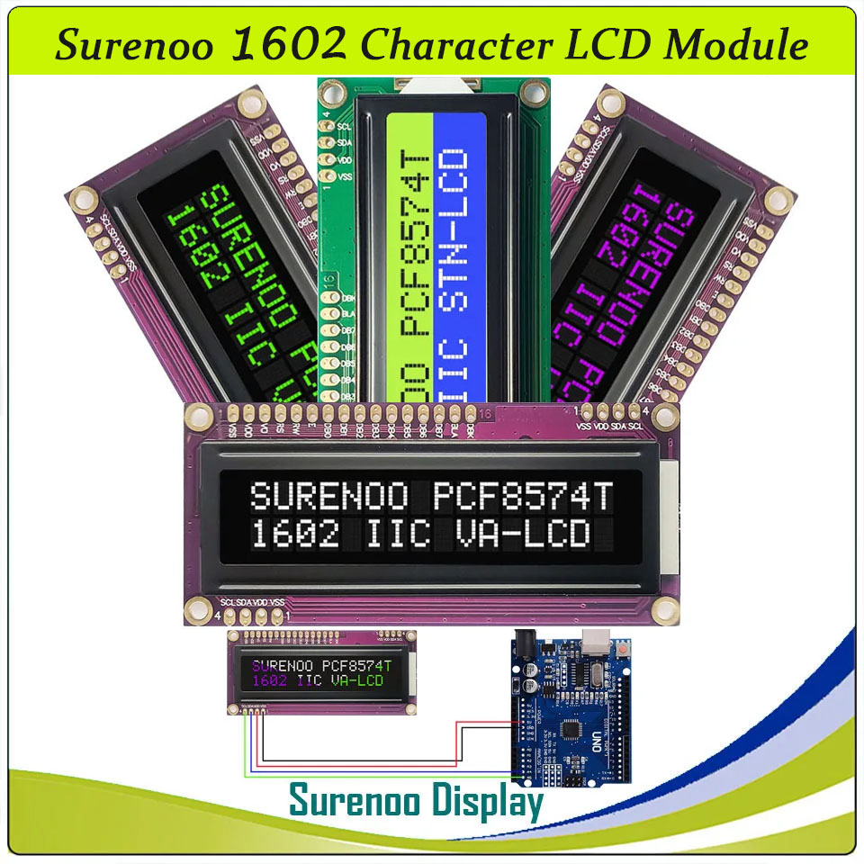 SLC1602Q PCB=80.00X36.00MM 1602 16*2 Surenoo Character LCD Module Display Screen Panel 6800 4/8-Bit Parallel Integrated Serial IIC I2C AIP31066 PCF8574 PCF8574T STN Yellow Green Blue VA-TN Negative Black LED Backlight for Arduino UNO Nano Mega2560