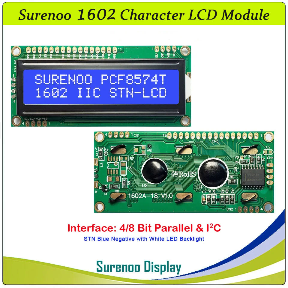 SLC1602Q PCB=80.00X36.00MM 1602 16*2 Surenoo Character LCD Module Display Screen Panel 6800 4/8-Bit Parallel Integrated Serial IIC I2C AIP31066 PCF8574 PCF8574T STN Yellow Green Blue VA-TN Negative Black LED Backlight for Arduino UNO Nano Mega2560