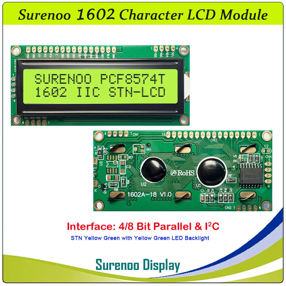 SLC1602Q PCB=80.00X36.00MM 1602 16*2 Surenoo Character LCD Module Display Screen Panel 6800 4/8-Bit Parallel Integrated Serial IIC I2C AIP31066 PCF8574 PCF8574T STN Yellow Green Blue VA-TN Negative Black LED Backlight for Arduino UNO Nano Mega2560