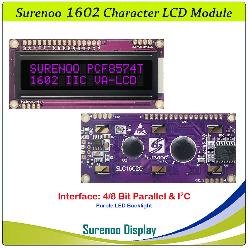 SLC1602Q PCB=80.00X36.00MM 1602 16*2 Surenoo Character LCD Module Display Screen Panel 6800 4/8-Bit Parallel Integrated Serial IIC I2C AIP31066 PCF8574 PCF8574T STN Yellow Green Blue VA-TN Negative Black LED Backlight for Arduino UNO Nano Mega2560