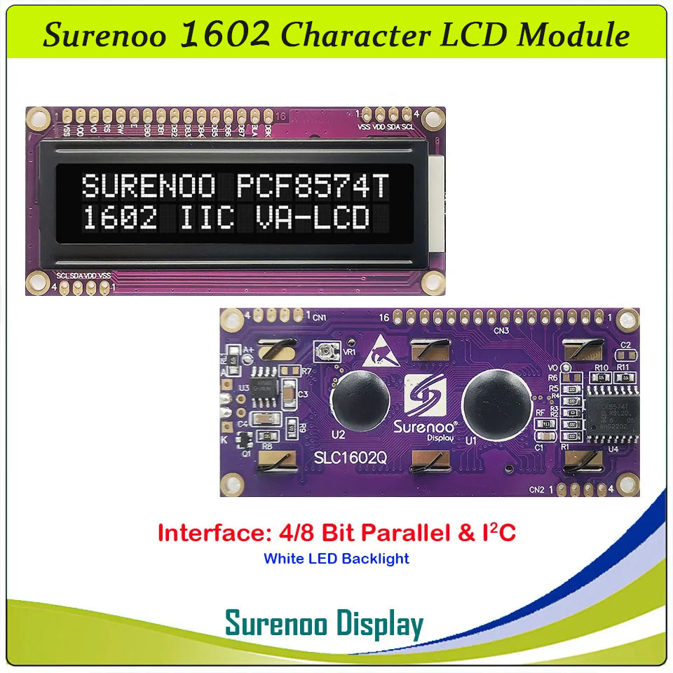 SLC1602Q PCB=80.00X36.00MM 1602 16*2 Surenoo Character LCD Module Display Screen Panel 6800 4/8-Bit Parallel Integrated Serial IIC I2C AIP31066 PCF8574 PCF8574T STN Yellow Green Blue VA-TN Negative Black LED Backlight for Arduino UNO Nano Mega2560
