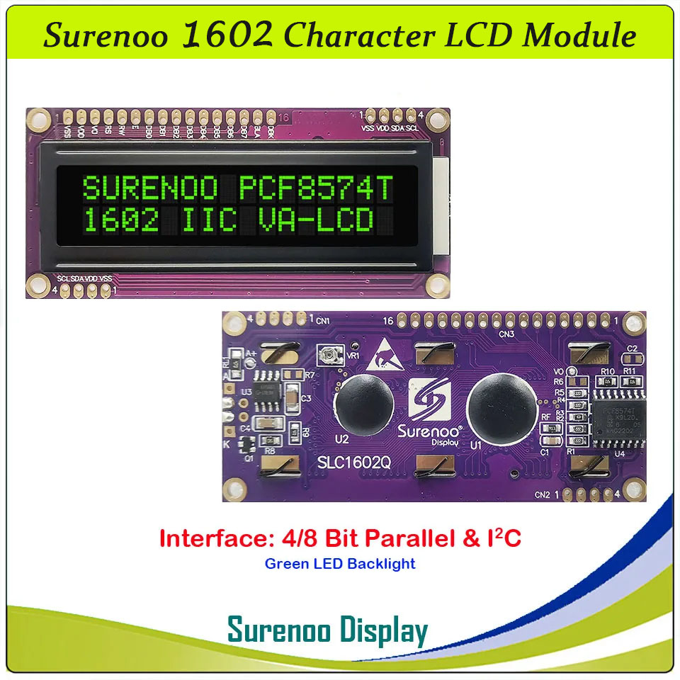 SLC1602Q PCB=80.00X36.00MM 1602 16*2 Surenoo Character LCD Module Display Screen Panel 6800 4/8-Bit Parallel Integrated Serial IIC I2C AIP31066 PCF8574 PCF8574T STN Yellow Green Blue VA-TN Negative Black LED Backlight for Arduino UNO Nano Mega2560