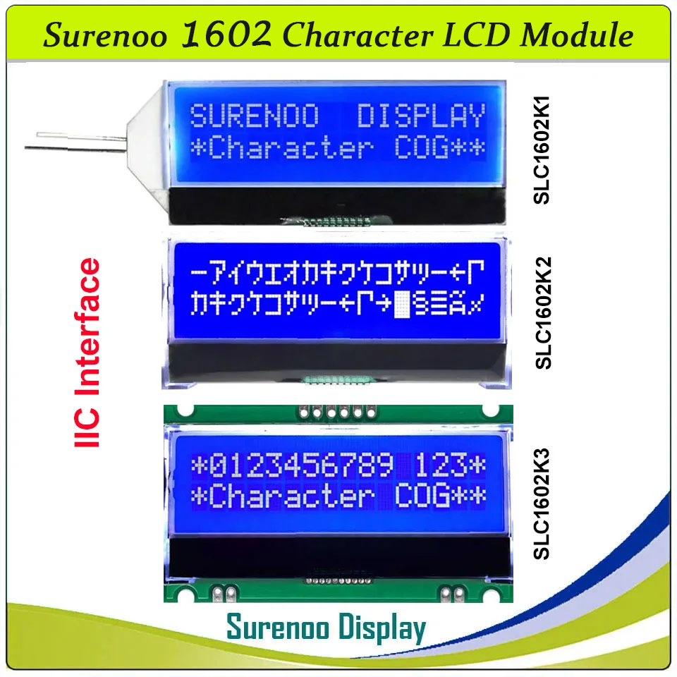 SLC1602K PCB=66.70X37.46MM 1602 16*2 COG Surenoo Character LCD Module Display Screen Panel Integrated Serial IIC I2C ST7032i Controller STN Blue Negative LCD with White LED Backlight for Arduino UNO Nano Mega2560