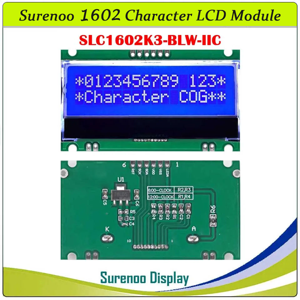 SLC1602K PCB=66.70X37.46MM 1602 16*2 COG Surenoo Character LCD Module Display Screen Panel Integrated Serial IIC I2C ST7032i Controller STN Blue Negative LCD with White LED Backlight for Arduino UNO Nano Mega2560