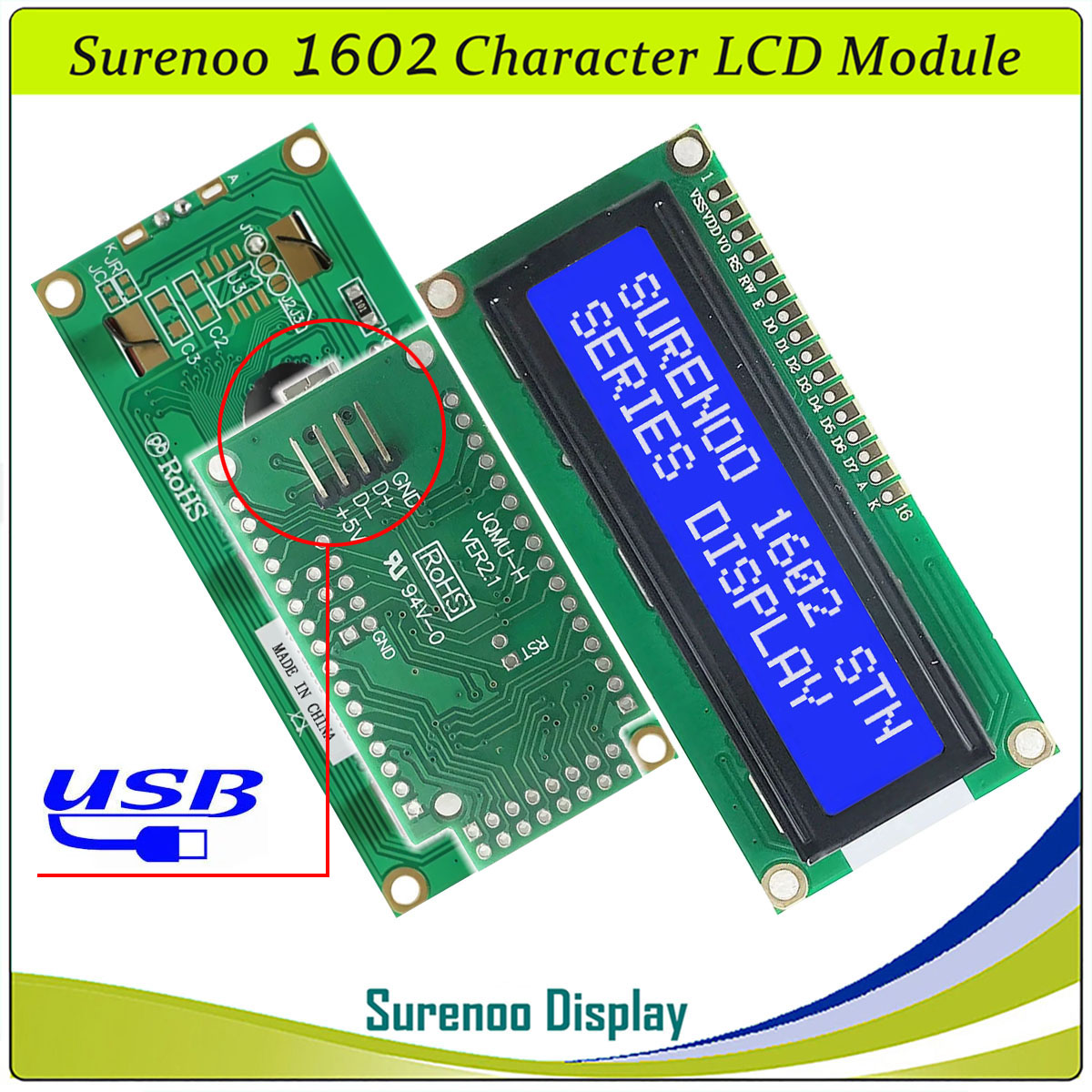 SLC1602A1 PCB=80.00X36.00MM 1602 16*2 Surenoo Character LCD Module Display Screen Panel 6800 4/8-bit Parallel Serial IIC I2C AIP31066 SPLC780D ST7066 PCF8574 Controller STN Yellow Green STN Blue Negative FSTN Positive LED Backlight USB2LCD for AIDA64