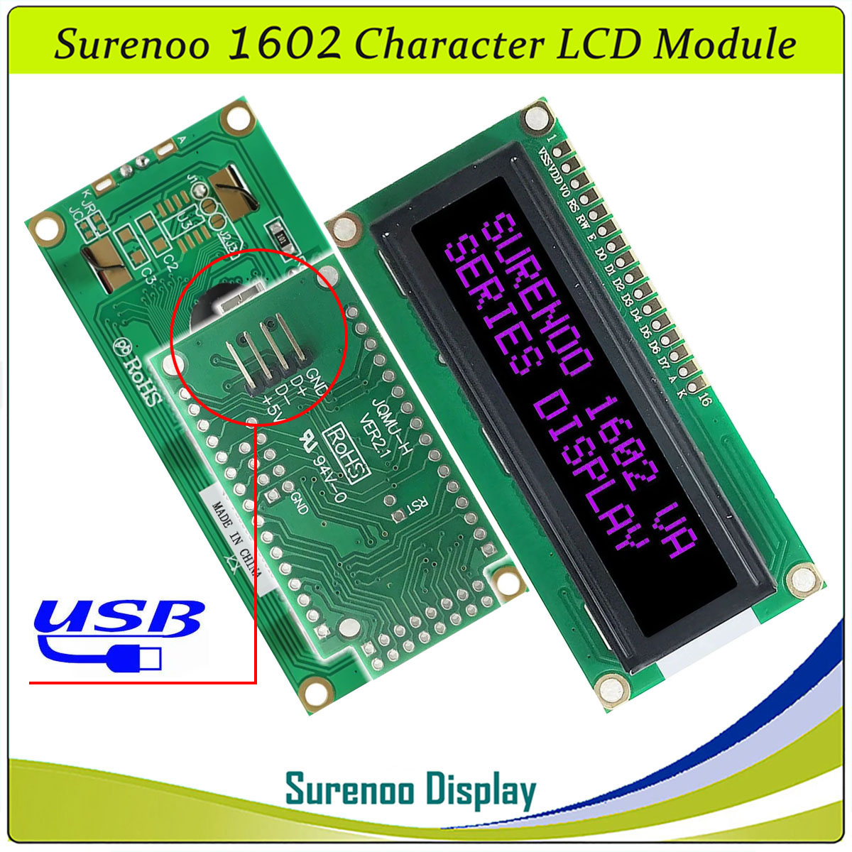 SLC1602A1 PCB=80.00X36.00MM 1602 16*2 Surenoo Character LCD Module Display Screen Panel 6800 4/8-bit Parallel Serial IIC I2C AIP31066 SPLC780D ST7066 PCF8574 Controller STN Yellow Green STN Blue Negative FSTN Positive LED Backlight USB2LCD for AIDA64