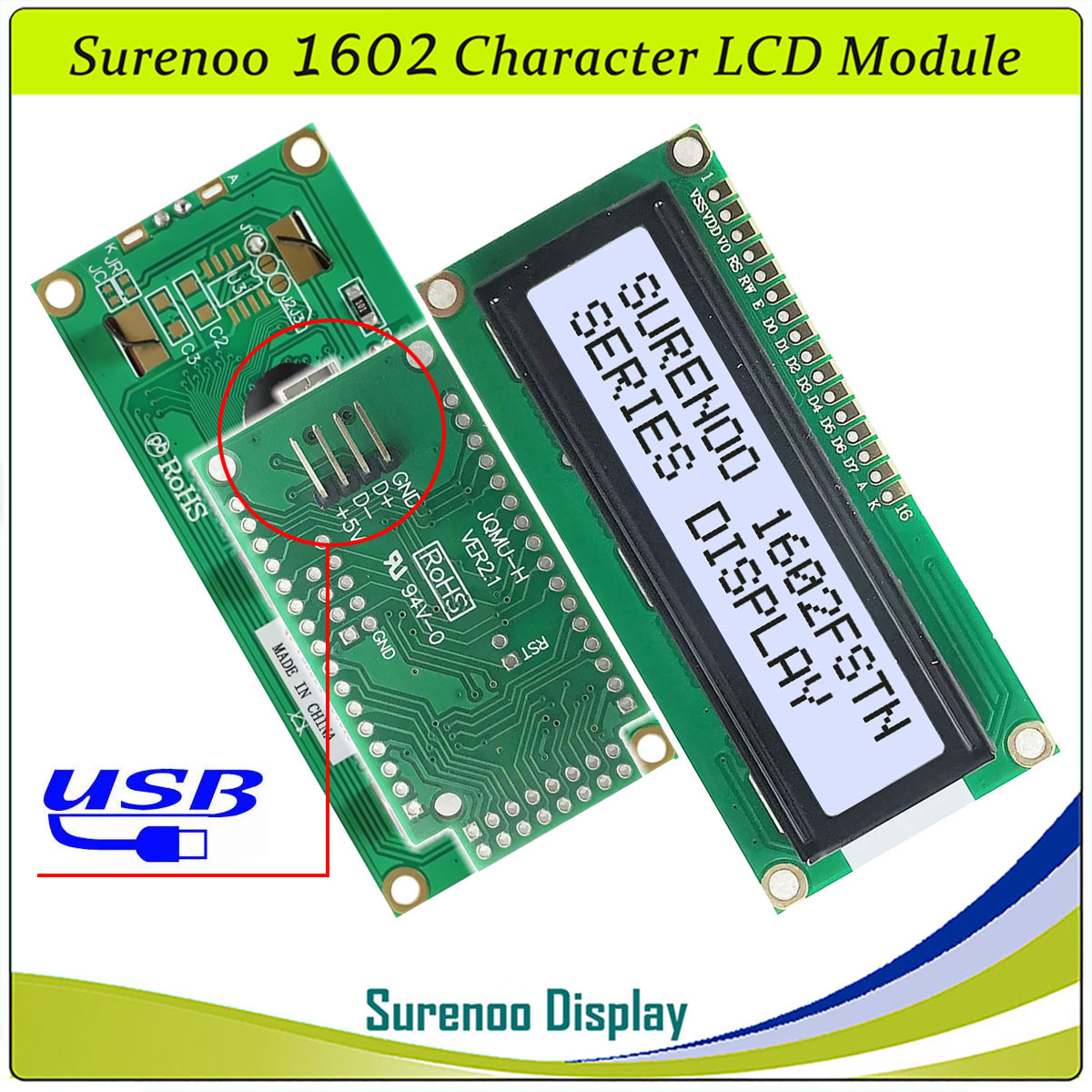SLC1602A1 PCB=80.00X36.00MM 1602 16*2 Surenoo Character LCD Module Display Screen Panel 6800 4/8-bit Parallel Serial IIC I2C AIP31066 SPLC780D ST7066 PCF8574 Controller STN Yellow Green STN Blue Negative FSTN Positive LED Backlight USB2LCD for AIDA64