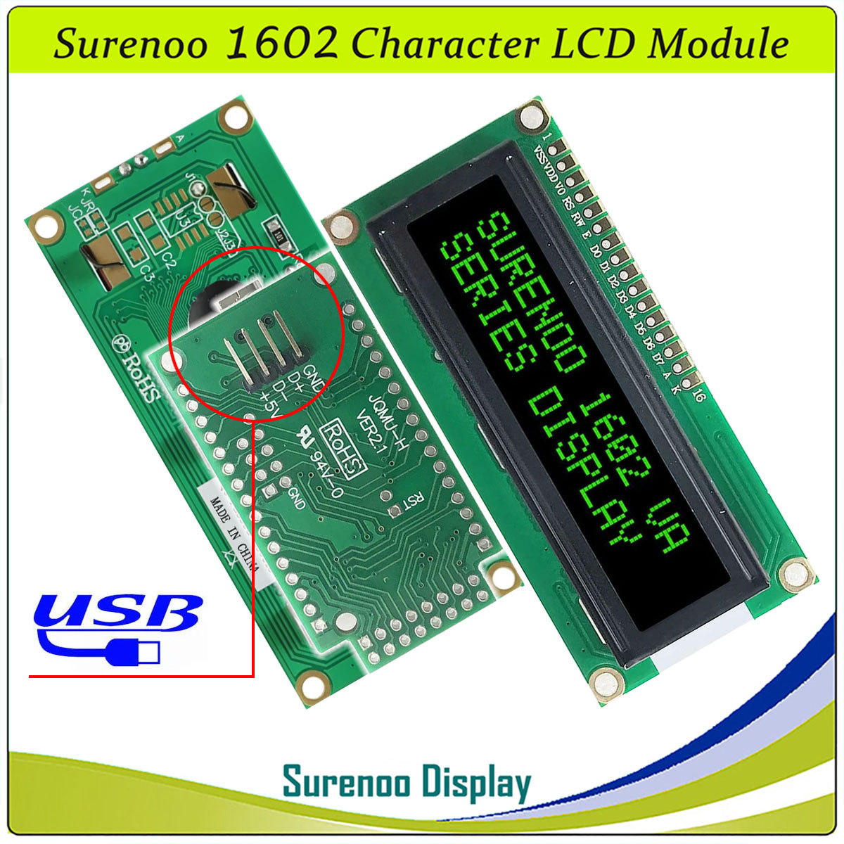 SLC1602A1 PCB=80.00X36.00MM 1602 16*2 Surenoo Character LCD Module Display Screen Panel 6800 4/8-bit Parallel Serial IIC I2C AIP31066 SPLC780D ST7066 PCF8574 Controller STN Yellow Green STN Blue Negative FSTN Positive LED Backlight USB2LCD for AIDA64