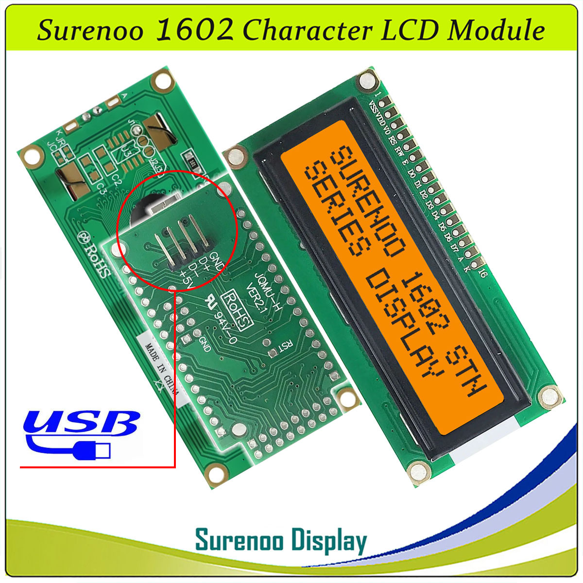 SLC1602A1 PCB=80.00X36.00MM 1602 16*2 Surenoo Character LCD Module Display Screen Panel 6800 4/8-bit Parallel Serial IIC I2C AIP31066 SPLC780D ST7066 PCF8574 Controller STN Yellow Green STN Blue Negative FSTN Positive LED Backlight USB2LCD for AIDA64