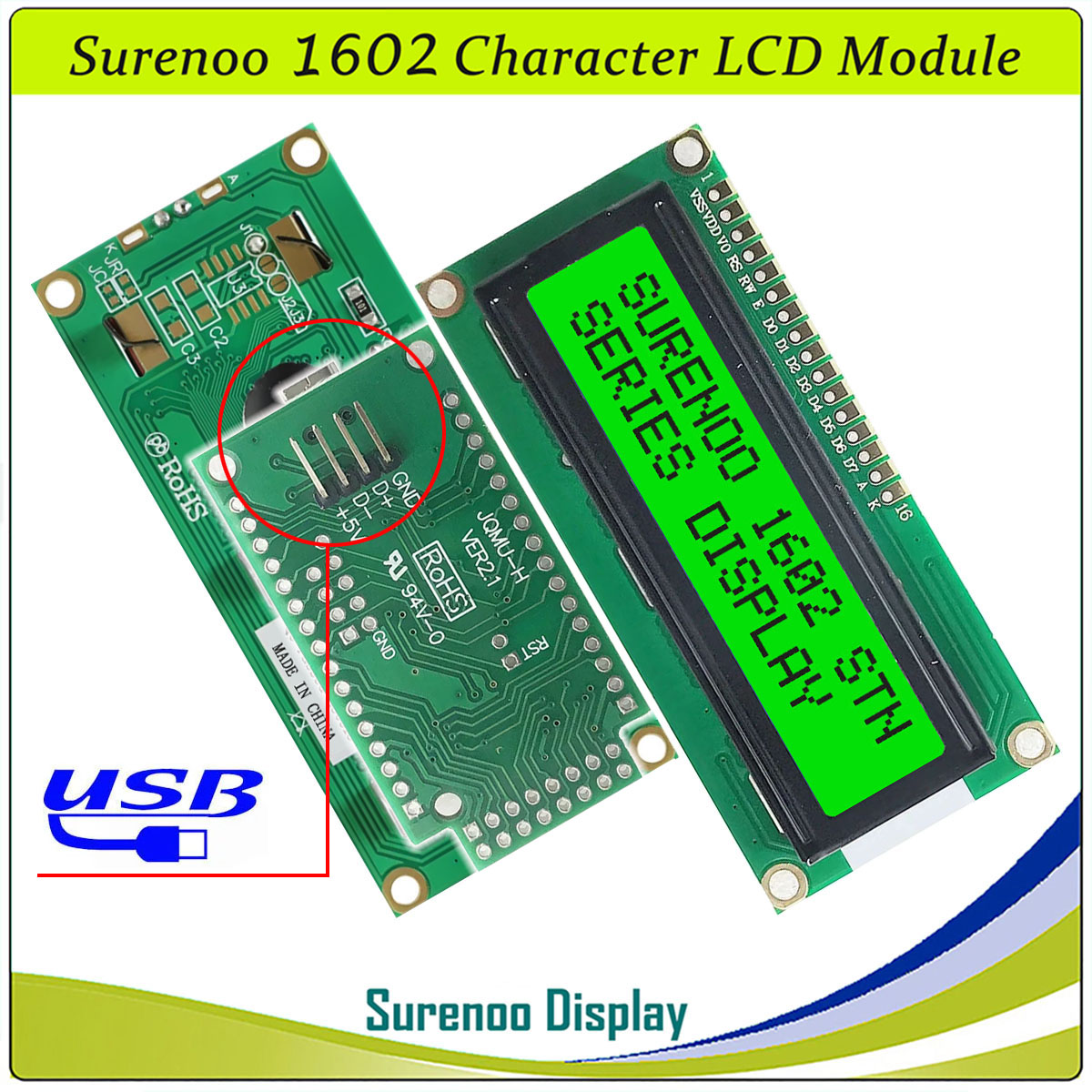 SLC1602A1 PCB=80.00X36.00MM 1602 16*2 Surenoo Character LCD Module Display Screen Panel 6800 4/8-bit Parallel Serial IIC I2C AIP31066 SPLC780D ST7066 PCF8574 Controller STN Yellow Green STN Blue Negative FSTN Positive LED Backlight USB2LCD for AIDA64