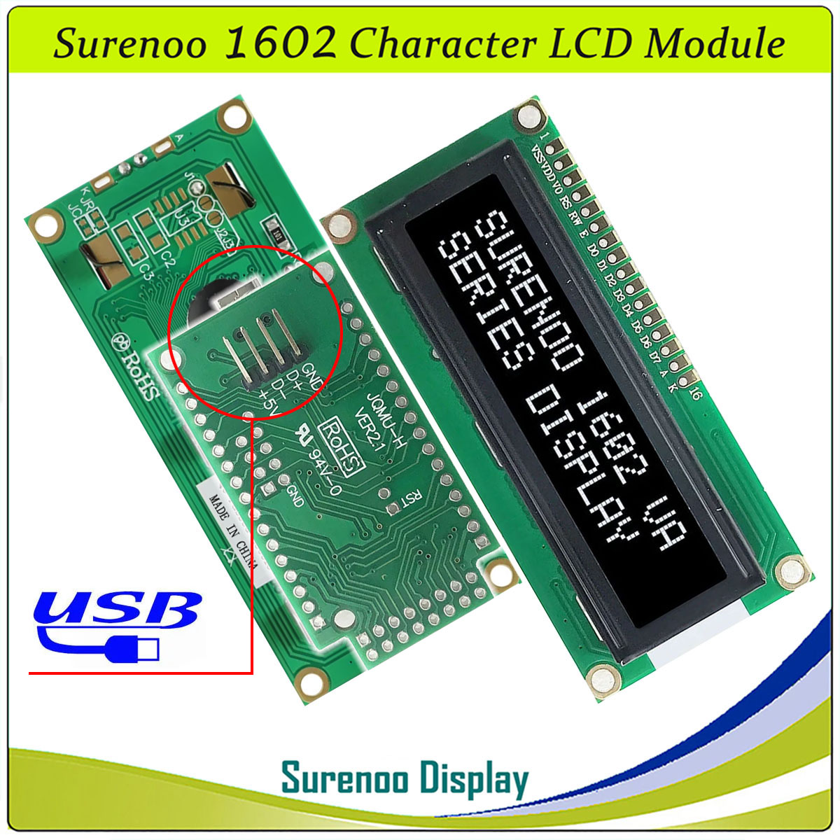 SLC1602A1 PCB=80.00X36.00MM 1602 16*2 Surenoo Character LCD Module Display Screen Panel 6800 4/8-bit Parallel Serial IIC I2C AIP31066 SPLC780D ST7066 PCF8574 Controller STN Yellow Green STN Blue Negative FSTN Positive LED Backlight USB2LCD for AIDA64