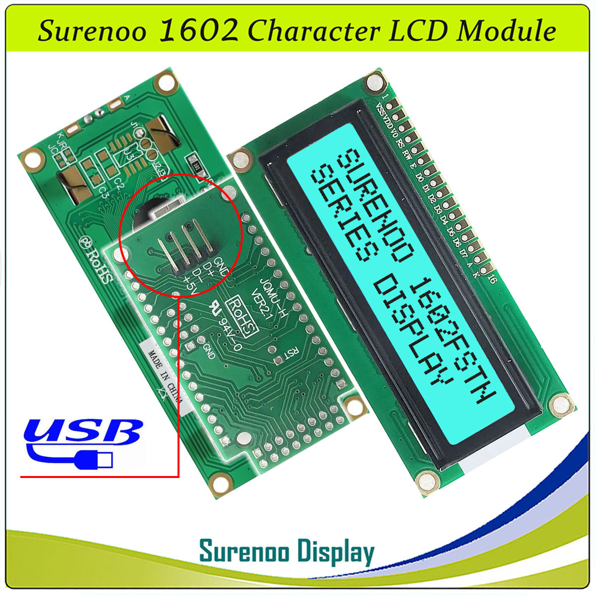 SLC1602A1 PCB=80.00X36.00MM 1602 16*2 Surenoo Character LCD Module Display Screen Panel 6800 4/8-bit Parallel Serial IIC I2C AIP31066 SPLC780D ST7066 PCF8574 Controller STN Yellow Green STN Blue Negative FSTN Positive LED Backlight USB2LCD for AIDA64
