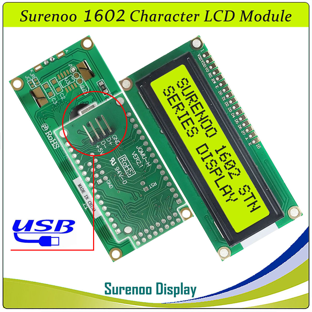SLC1602A1 PCB=80.00X36.00MM 1602 16*2 Surenoo Character LCD Module Display Screen Panel 6800 4/8-bit Parallel Serial IIC I2C AIP31066 SPLC780D ST7066 PCF8574 Controller STN Yellow Green STN Blue Negative FSTN Positive LED Backlight USB2LCD for AIDA64