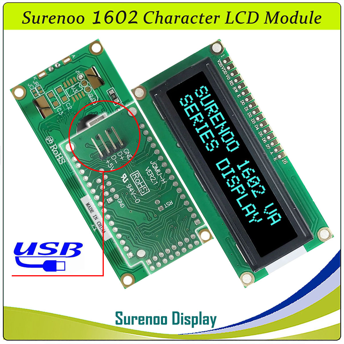 SLC1602A1 PCB=80.00X36.00MM 1602 16*2 Surenoo Character LCD Module Display Screen Panel 6800 4/8-bit Parallel Serial IIC I2C AIP31066 SPLC780D ST7066 PCF8574 Controller STN Yellow Green STN Blue Negative FSTN Positive LED Backlight USB2LCD for AIDA64