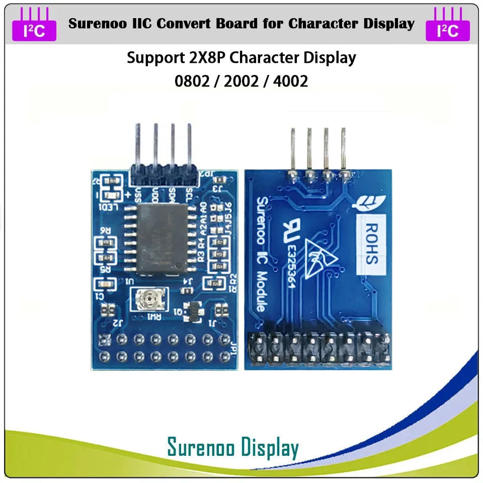 Surenoo PCF8574T Serial IIC I2C PCB Adapter for AIP31066 ST7066 SPC780D HD44780 Controller 0801 0802 1601 1602 1604 2002 2004 2402 4002 Character LCD OLED VFD Module Display Screen Panel