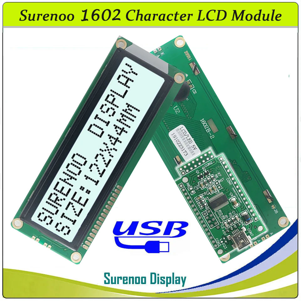 SLC1602B PCB=122.00X44.00MM 1602 16*2 Surenoo Character LCD Module Display Screen Panel 6800 4-bit 8-bit Parallel Serial IIC I2C AIP31066 SPLC780D ST7066 PCF8574 Controller STN Yellow Green STN Blue Negative FSTN Positive LED Backlight