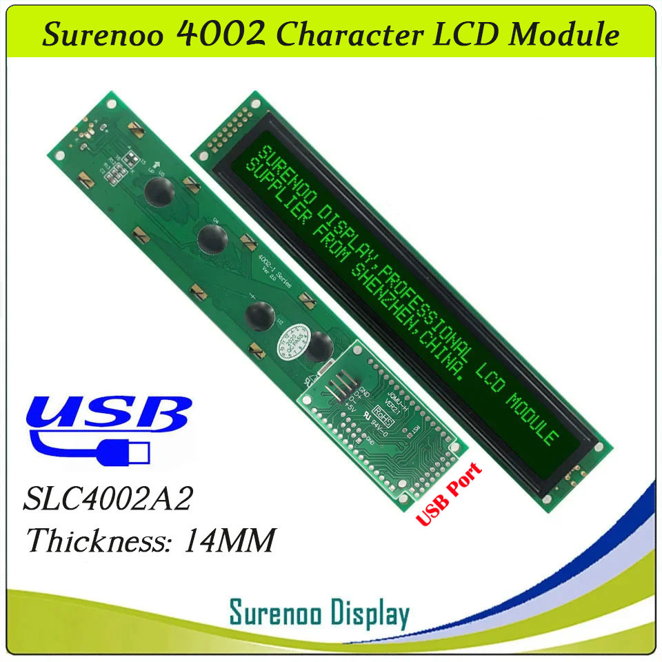 SLC4002A PCB=182.00X33.50MM 4002 40*2 Surenoo Character LCD Module Display Screen Panel 6800 4-bit 8-bit Parallel Serial IIC I2C AIP31066 SPLC780D ST7066 PCF8574 Controller STN Yellow Green STN Blue Negative FSTN Positive LED Backlight