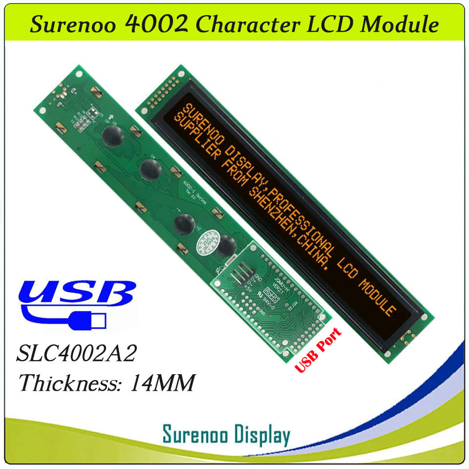 SLC4002A PCB=182.00X33.50MM 4002 40*2 Surenoo Character LCD Module Display Screen Panel 6800 4-bit 8-bit Parallel Serial IIC I2C AIP31066 SPLC780D ST7066 PCF8574 Controller STN Yellow Green STN Blue Negative FSTN Positive LED Backlight