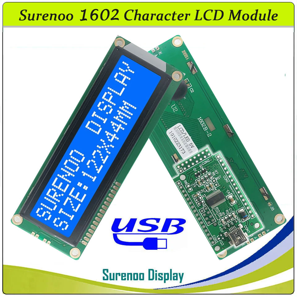SLC1602B PCB=122.00X44.00MM 1602 16*2 Surenoo Character LCD Module Display Screen Panel 6800 4-bit 8-bit Parallel Serial IIC I2C AIP31066 SPLC780D ST7066 PCF8574 Controller STN Yellow Green STN Blue Negative FSTN Positive LED Backlight