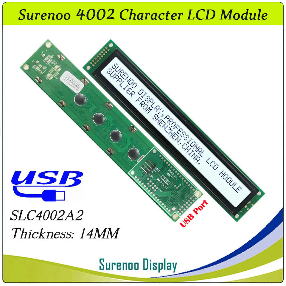 SLC4002A PCB=182.00X33.50MM 4002 40*2 Surenoo Character LCD Module Display Screen Panel 6800 4-bit 8-bit Parallel Serial IIC I2C AIP31066 SPLC780D ST7066 PCF8574 Controller STN Yellow Green STN Blue Negative FSTN Positive LED Backlight