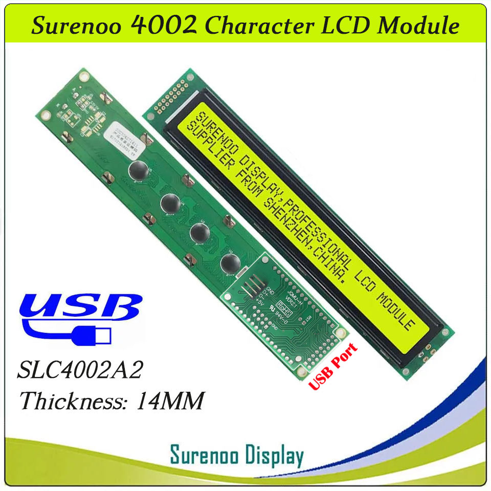 SLC4002A PCB=182.00X33.50MM 4002 40*2 Surenoo Character LCD Module Display Screen Panel 6800 4-bit 8-bit Parallel Serial IIC I2C AIP31066 SPLC780D ST7066 PCF8574 Controller STN Yellow Green STN Blue Negative FSTN Positive LED Backlight