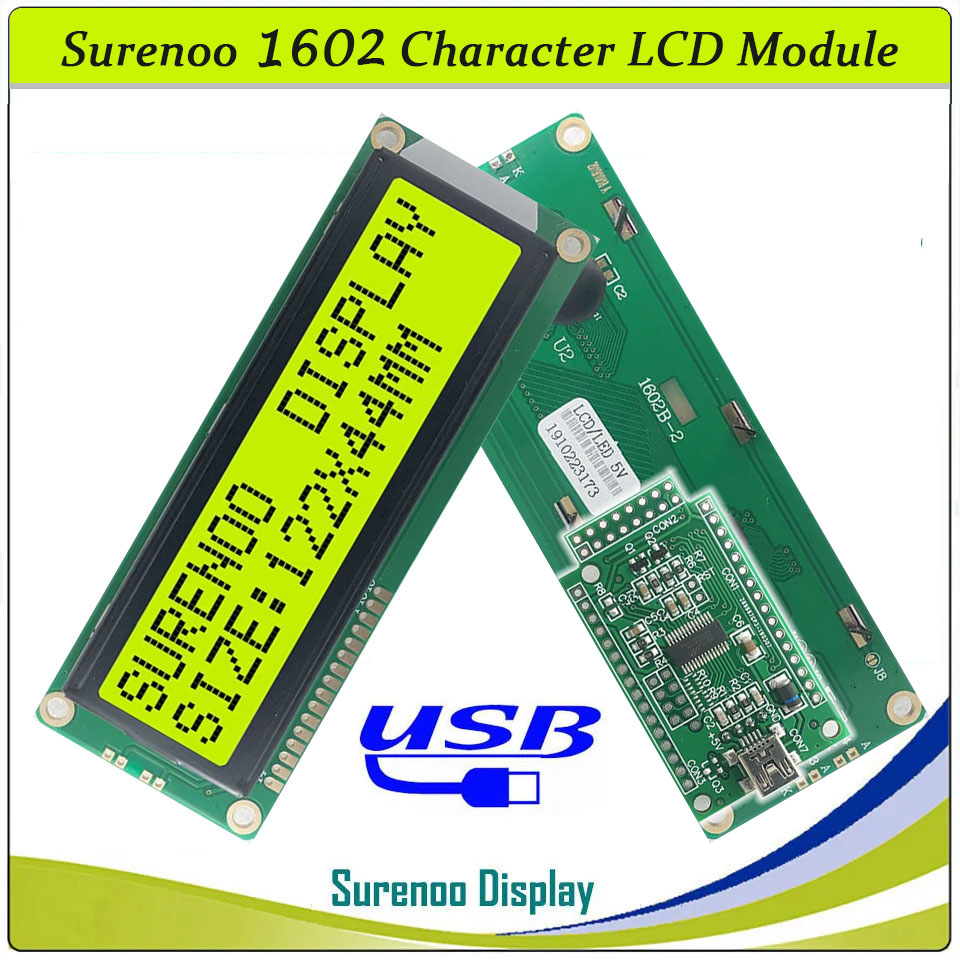 SLC1602B PCB=122.00X44.00MM 1602 16*2 Surenoo Character LCD Module Display Screen Panel 6800 4-bit 8-bit Parallel Serial IIC I2C AIP31066 SPLC780D ST7066 PCF8574 Controller STN Yellow Green STN Blue Negative FSTN Positive LED Backlight