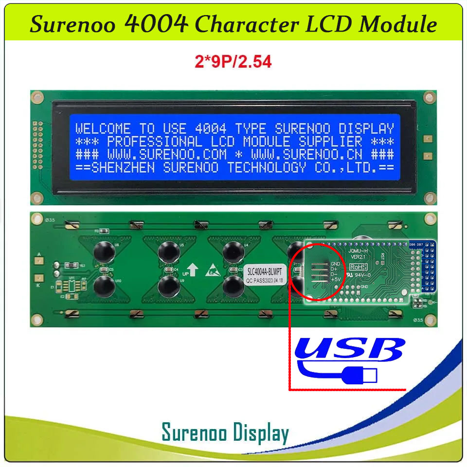SLC4004A Outline=190.00X54.00MM 4004 40*4 Surenoo Character LCD Module Display Screen Panel 6800 4/8-bit Parallel Serial IIC I2C LCD2USB USB2LCD AIP31066 SPLC780D ST7066 Controller STN Yellow Green Blue Negative LED Backlight for LCD Smartie AIDA64