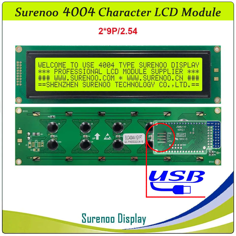 SLC4004A Outline=190.00X54.00MM 4004 40*4 Surenoo Character LCD Module Display Screen Panel 6800 4/8-bit Parallel Serial IIC I2C LCD2USB USB2LCD AIP31066 SPLC780D ST7066 Controller STN Yellow Green Blue Negative LED Backlight for LCD Smartie AIDA64